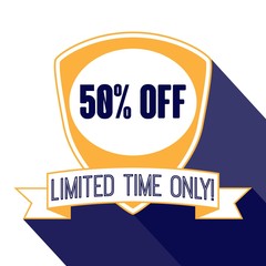50% discount price sign. Sale Up to 50%. Fifty percent discounte