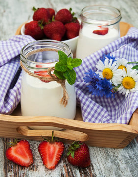 Strawberry yogurt and summer flowers