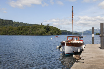 Pleasure Boat, moored at Boweness on Windermere, Lake Windermere, English Lake District, Cumbria, England, UK,