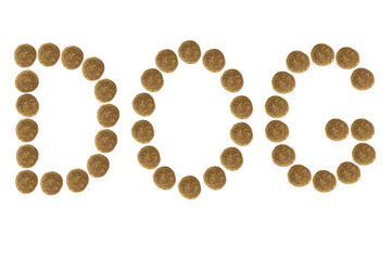 Multicolored inscription DOG made of dry pet food.