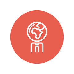 Human with globe head thin line icon