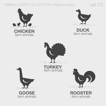 Farm Animals Logos Negative Space Style Design Vector Templates.