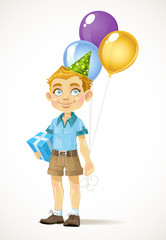 Cute little boy with a birthday gift and balloons