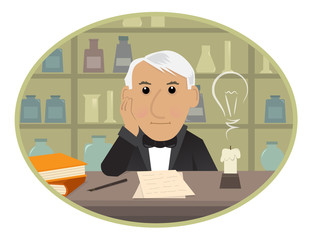 Edison - Cartoon Thomas Edison is sitting behind his desk and getting innovative ideas. Eps10