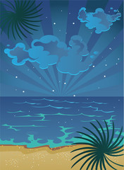 vector picture of cartoon summer nocturnal beach with clouds on