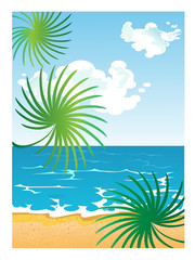 vector picture of cartoon summer sunny beach with clouds on sky