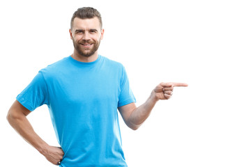 Beard-man pointing aside with finger