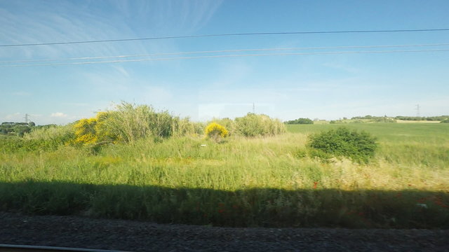 Peaceful countryside view from a train
