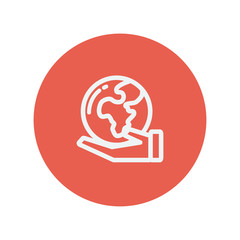 Hand holding earth thin line icon