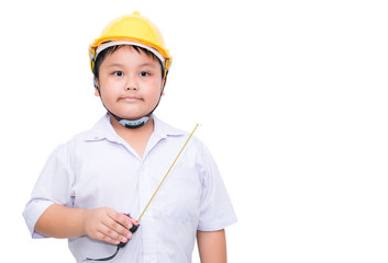 fat boy engineer holding measure tape isolated