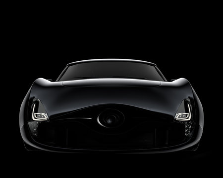 Front view of black sports car isolated on black background. 