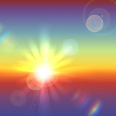 Vector sun over horizon with lens flares