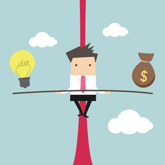 Business man balancing on the rope with ideas and money