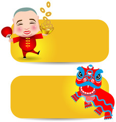 Chinese New Year man with smile mask and lion dance