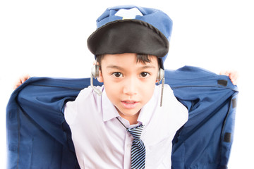 Little boy pretend as a pilot on white background