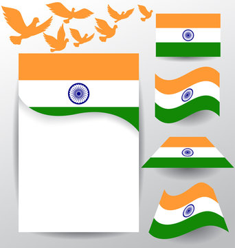 Set of India flag  with flying pigeon