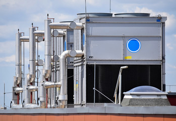 Industrial air conditioners on the top of an office building