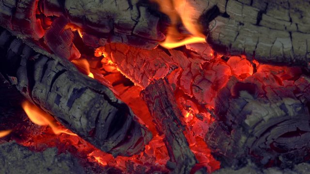 ULTRA HD 4K real time shot, Close up of flames burning wood. In a conventional stove, when wood is added to a hot fire, a process of pyrolysis or destructive distillation begins.