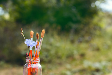 Brushes with chicory flower in a bottle on the background of gra