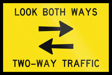 An Australian temporary road sign - Look both ways, two-way traffic