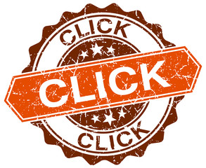 click orange round grunge stamp on white