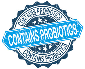 contains probiotics blue round grunge stamp on white