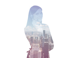 Silhouette of brunette support phone operator in headset on white background. New York City view.