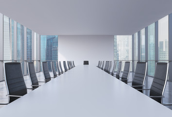 Panoramic conference room in modern office, Singapore view. Black leather chairs and a white table. 3D rendering.