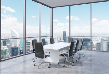 Panoramic conference room in modern office in New York City. Black chairs and a white table. 3D rendering. © ImageFlow