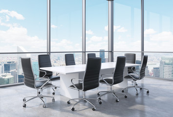 Panoramic conference room in modern office in New York City. Black chairs and a white table. 3D rendering. © ImageFlow