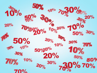 The concept of the discount and sale. collection of discount numbers 10% 20% 30% 50% 70%. Blue background.