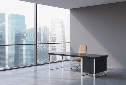 A workplace in a modern panoramic office, Singapore city view from the windows. A concept of financial consulting services. A brown leather chair and a black table. 3D rendering.