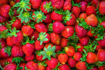 Ripe red berries of strawberry, horizontal background