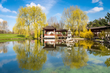 Stone pagoda in the pond of a formal Chinese garden
