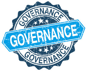 governance blue round grunge stamp on white