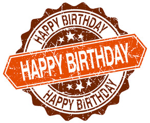 happy birthday orange round grunge stamp on white