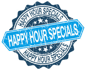 happy hour specials blue round grunge stamp on white