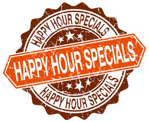 happy hour specials orange round grunge stamp on white