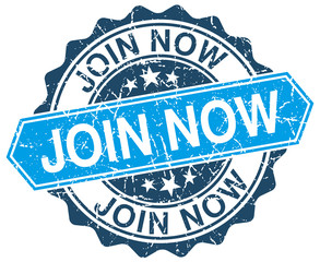 join now blue round grunge stamp on white