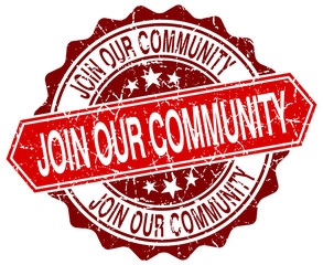 join our community red round grunge stamp on white
