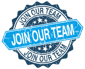 join our team blue round grunge stamp on white