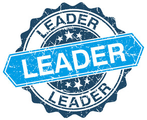 leader blue round grunge stamp on white