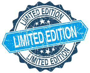 limited edition blue round grunge stamp on white