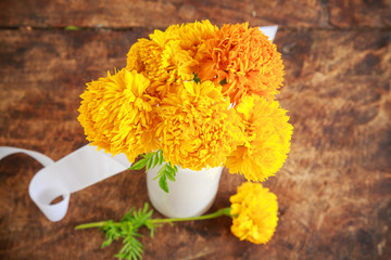 marigolds on old wooden