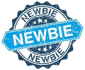 newbie blue round grunge stamp on white