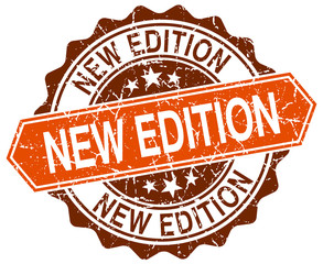 new edition orange round grunge stamp on white