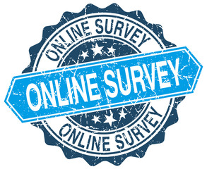 online survey blue round grunge stamp on white