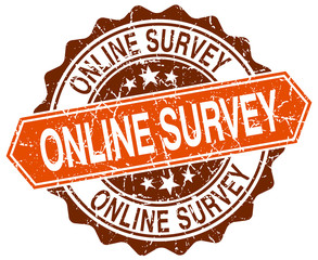 online survey orange round grunge stamp on white