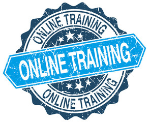 online training blue round grunge stamp on white
