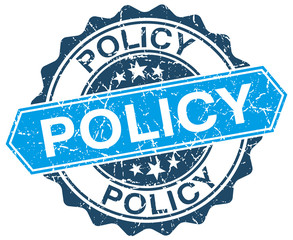 policy blue round grunge stamp on white